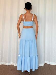 Rafferiza Conjunto de 2 piezas: Camisola minimalista de unicolor con empalme de encaje & Falda maxi para vacaciones - Azul - Ver 2