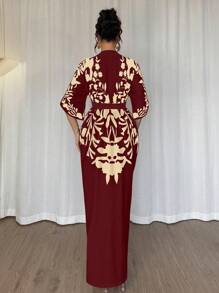 Chiquease 修身撞色印花长裙，春夏 - 酒紅色 - 查看 2