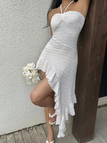 Lyxana 女士休闲夏季度假不对称下摆露背系腰雪纺连衣裙 - 杏色 - 查看 4