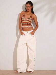 SHEIN BAE 1 Pieza de Verano y Primavera Camiseta de Tirantes con Cuello en V Sencillo a Rayas de Ganchillo Adecuada para Vacaciones de Primavera Verano, Elegante Sexy Playa Resort Isla Vacaciones, Mujer Luna de Miel, Fiesta de Piscina Vacaciones