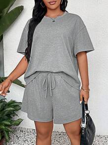 SHEIN LUNE Conjunto de camiseta y pantalones cortos cómodos y versátiles, conjunto de talla grande para concierto country, graduación, atuendo de verano para mujeres, atuendo para brunch, atuendo para el Día de la Madre, atuendo para la iglesia para mujeres - Gris - Ver 3