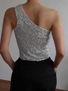 Strévra 女士不对称领亮片上衣，适合派对、聚会、外出、新年闪亮嘉年华等场合 - 銀色 - 查看 8