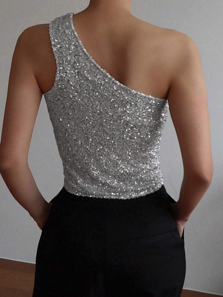 Women's Asymmetrical Neck Sequin Top, Suitable For Parties And Gatherings Going Out Tops New Years Glitter Top Carnival