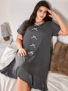SHEIN 加大码柔软舒适牛奶丝荷叶边白色蕾丝领口装饰灰色短袖睡袍，春夏季，Moo Moo 睡裙 - 深灰色 - 查看 6