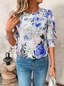 SHEIN Clasi Blusa holgada de manga corta con escote redondo y estampado floral, atuendo de primavera/verano para el Día de San Valentín, atuendo de campo para mujer, blusas casuales de primavera para mujer, atuendos de verano para mujer, atuendos de primavera para mujer, ropa de San Valentín, atuendos de verano para mujer