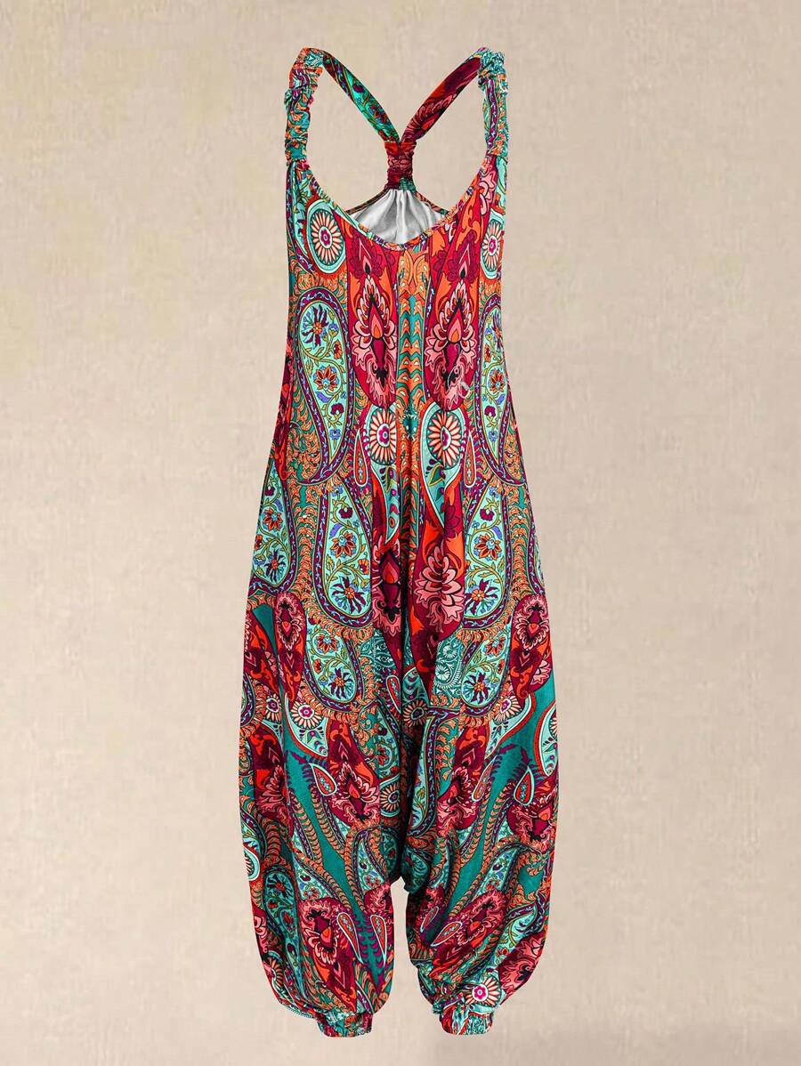 Flirla 加大码女式休闲腰果花印花连体裤，可调节肩带，波西米亚风，宽松