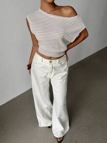 Aloruh Neue modische asymmetrische Schulterspitze Gestreiftes Top mit asymmetrischem Saum, Lässig & Vielseitig, figurschmeichelndes Design in Apricot