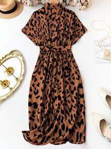 DreamSkyne 大码夏季休闲全印花蝙蝠袖连衣裙长款女装 - 棕色 - 查看 2