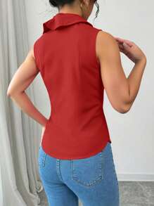 SHEIN Clasi Blusa sin mangas de unicolor con botones frontales y cuello de encaje, para el verano