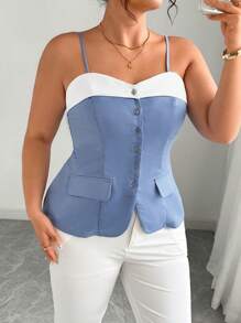 Elenzga Plus Size French Style Women's Sleeveless Cropped Top, Patchwork Blazer Design, Spring/Summer New Collection - Blue - View 5