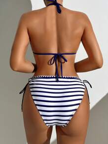 SHEIN Swim Women's Summer Beach Striped Pattern Halter Metallic Pendant Decor Crop Top And Side Tie Bikini Swimwear Set - Multicolor - View 3