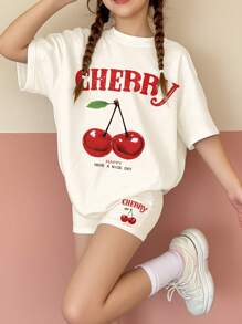 SHEIN Kirschprint Vintage Lässig Minimalistisches Kurzarm Loose T-Shirt und Leggings 2 Stücke Set für Teenager Mädchen, Sommer