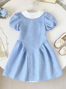 SHEIN Gaun Fashion Musim Panas Warna Biru Tua dengan Tali Serut di Pinggang, Kerah Peter Pan, dan Lengan Mengembang untuk Anak Perempuan Remaja - Biru - View 2