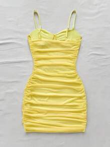 Soleia Foldover Mesh Yellow Cami Mini Dress,70s Boho Style Summer Holiday Party Dress,Suitable For Date,Afternoon Tea,No Chest Padding - Mustard Yellow - View 2