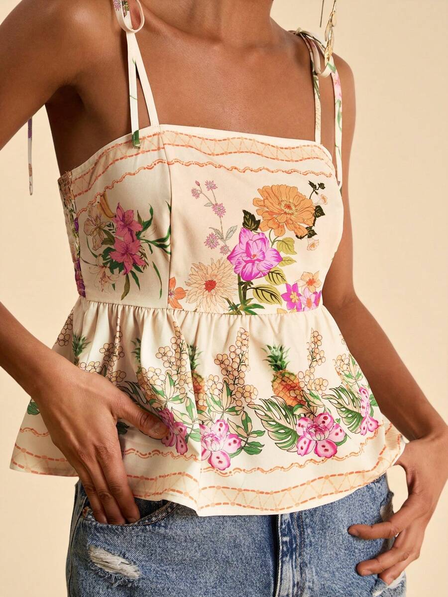 Travachic 印花荷叶边下摆休闲吊带背心，适合度假、夏季旅行、打造可爱夏日造型，展现热带风情、波西米亚风、伊比沙岛风情和西部风情。 - 彩色 - 查看 1