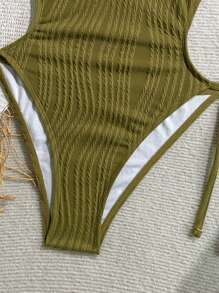 Soleia 橄榄绿色提花纹理V领露背吊带沙滩连体泳衣女士泳衣