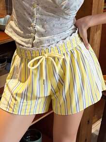 SHEIN Unity Women's Belted Lace Patchwork Striped Shorts - Yellow - View 1