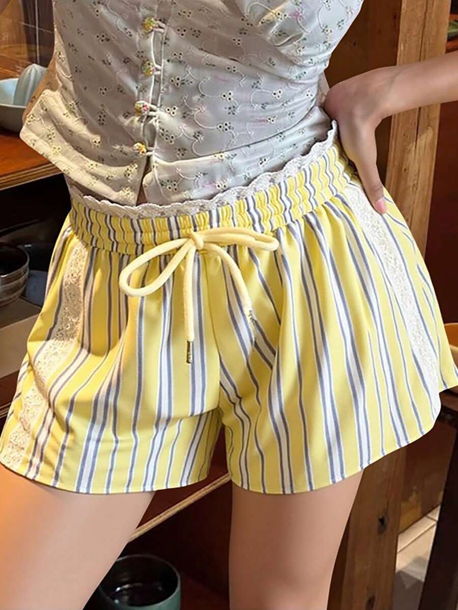 SHEIN Unity Women's Belted Lace Patchwork Striped Shorts - Yellow - View 1
