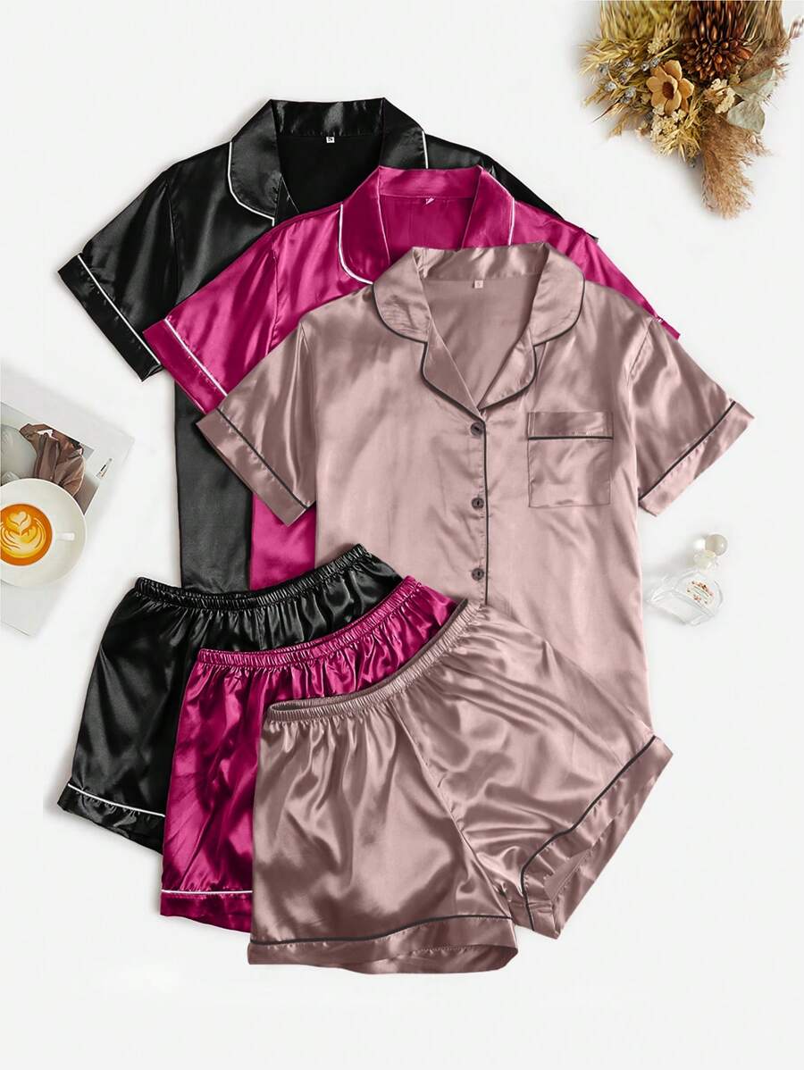 3 件套女士纯色撞色边短袖上衣和短裤睡衣套装
