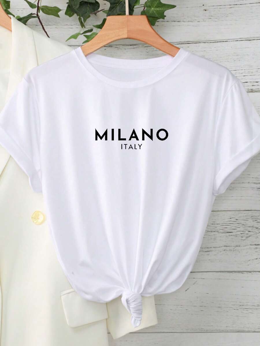 INAWLY Women's Letter Print Round Neck Short Sleeve T-Shirt Graphic Tees Women Tops - White - View 1