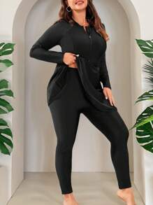 Swim Mulvari طقم بوركيني للسيدات بمقاسات كبيرة، سترة طويلة الأكمام وبنطال ذات لون واحد ،ذو سوستة - الأسود - مشاهدة 5