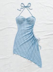 Soleia 度假吊带系带粉色纹理面料不对称下摆连衣裙