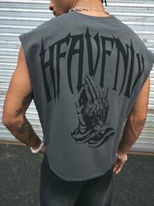 AXEPEAK 男士多尺码街头风格哥特字母图案印花圆领背心，街头风格，Emo - 深灰色 - 查看 5