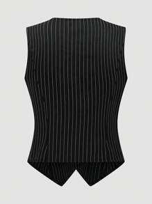 Franclia 时尚优雅修身条纹背心女式无袖短款别致吊带背心 - 黑色 - 查看 2