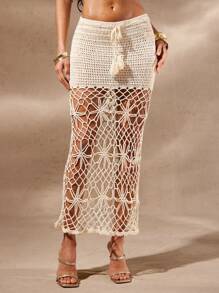 Hauture Falda maxi de punto y ganchillo con borde de cola de sirena - Beis - Ver 5