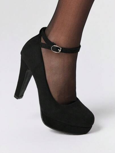 ROMWE Goth Damen Schuhe Schwarze High Heels Geschlossene Zehenpartie Schnallen Stilettos High Heels Plateau Kleiderschuhe Niedrige Absatz Kleiderschuhe Damen High Heel Schuhe