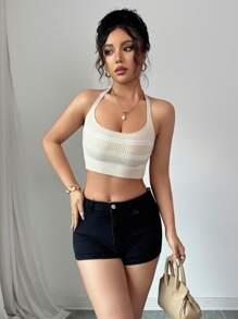 SHEIN PETITE Camiseta de punto sin mangas con espalda descubierta y patrón de rayas en contraste, talla pequeña