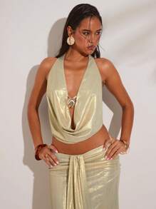 SHEIN BAE Top halter con cuello de concha, decoración de metal, sexy, apropiado para vacaciones, primavera y verano, elegante, sexy, vacaciones en la playa, vacaciones en la isla, luna de miel - Dorado - Ver 1