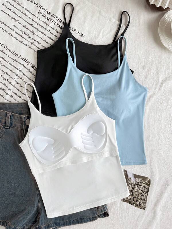 SHEIN TEENGIRL 3 Stücke/Set Macaron farbige lässige Trägertops, bequeme figurbetonte Allzweck Tanktops für alle Jahreszeiten