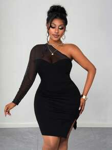 Maweii 大码女式斜肩高弹修身网纱拼接收腰紧身开衩下摆性感通勤日常黑色连衣裙，优雅套装 - 黑色 - 查看 5