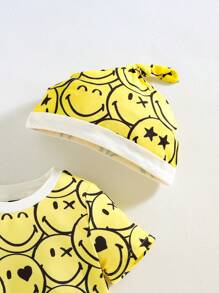 SmileyWorld® | SHEIN Baby Boy Cartoon Smiling Face Pattern Yellow Cute Playful Hooded Romper Set