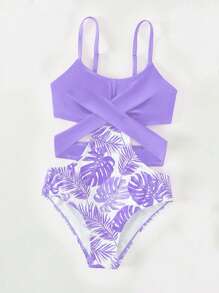 Traje de baño de una pieza con estampado de plantas tropicales para niña preadolescente