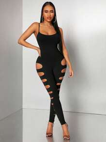 Radiana 春夏街头休闲日常舒适性感夜店摇滚辣妹音乐节绿色针织高弹力镂空露背紧身长款连体衣 - 黑色 - 查看 6