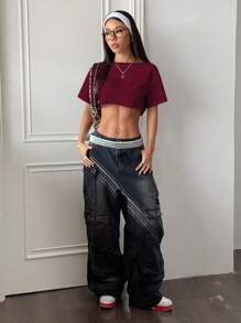 StreetHx 女式白色露肩短款上衣，带磨边下摆，超大街头百搭 Y2K 时尚短袖 T 恤，春夏