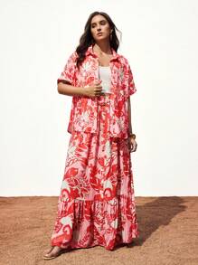 Maija Plus Size Allover Print Short Sleeve Button Down Casual Summer Holiday Shirt