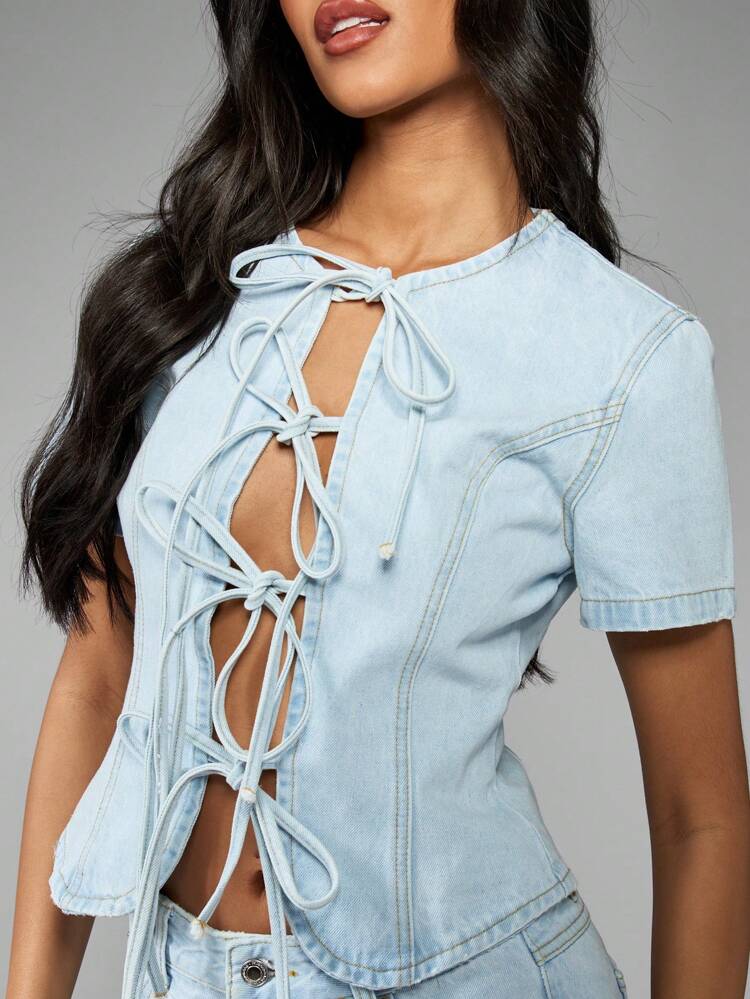 MISSGUIDED Short Sleeve Lace Up Front Denim Corset Crop Top