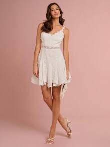 Enchnt Spring/Summer Romantic Women's White Exquisite 3D Flower Embroidered Waist Hollow Out Lace V-Neck Sleeveless Backless Cute Princess Mini Dress,Sweet&Elegant For Vacation&Date&Holiday&Party&Graduation&Wedding Guest&Beach,Prom Dress,Summer Dresses For Women,Sun Dresses For Women,Summer Clothes,Vestidos Elegantes De Mujer,Vestidos Elegantes Para Fiesta