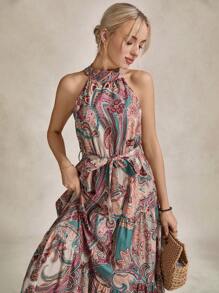 SHEIN LUNE 佩斯利印花腰帶掛脖連衣裙