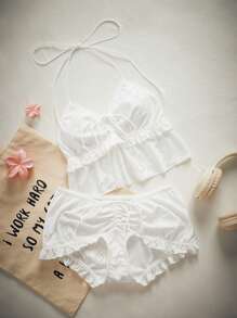 Lowkey Lull 2 件女士舒适针织纹理抽绳褶饰蝴蝶结荷叶边镂空几何文胸和高腰内裤内衣套装，白色 - 白色 - 查看 6