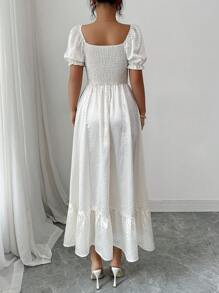 Elenzga 女士优雅褶皱圆点方领泡泡袖收腰中长连衣裙