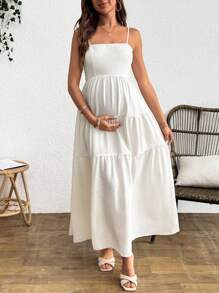 Vestido de maternidad informal de tirantes con volantes en el bajo, unicolor, para mujeres embarazadas - Beis - Ver 3