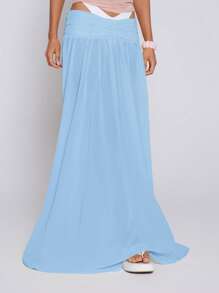 MUSERA Falda larga de gasa de estilo bohemio de tiro bajo para vacaciones de verano en Ibiza - Celeste - Ver 2