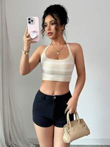 SHEIN PETITE Camiseta de punto sin mangas con espalda descubierta y patrón de rayas en contraste, talla pequeña