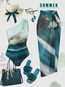 Swim Oasis 1 件女式扎染连体泳衣（含罩衫和裙子）