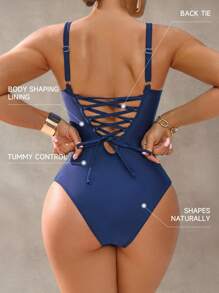 Shapewave 1pc Women Tummy Control Pushup One-Piece Swimsuit, Dark Blue, Elegant Casual For Spring Summer Vacation Beach Party Music Festival - Blue - View 2