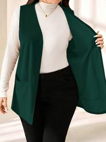 EMERY ROSE Plus Size Solid Color Sleeveless Loose Pocket Simple Casual Coat,Spring/Summer,Vacation,Business Casual In Fall/Winter - Dark Green - View 6